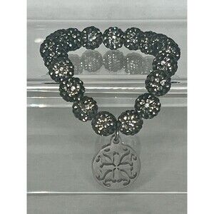 Black Silver Emerson Shambella Beaded Stretch Bracelet Logo Silver Tone Charm